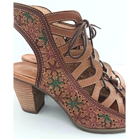 Spring Step L'Artiste Laure Lace Up Block Heel Sandal Laser Cut Floral 40 US 9 - Picture 4 of 10